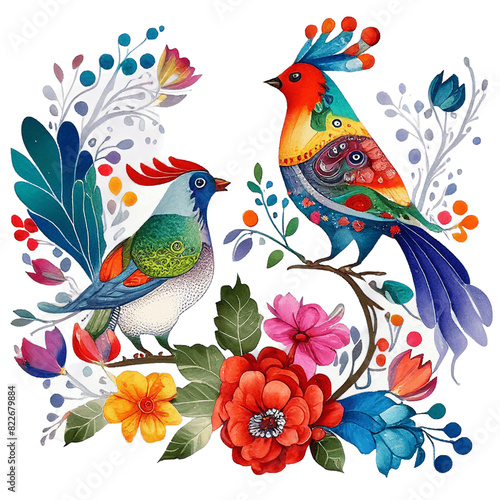 Ukranian folk art Birds and flowers watercolor