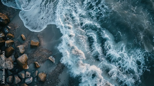 An aerial view captures the dramatic moment as sea waves crash against rocks on the beach