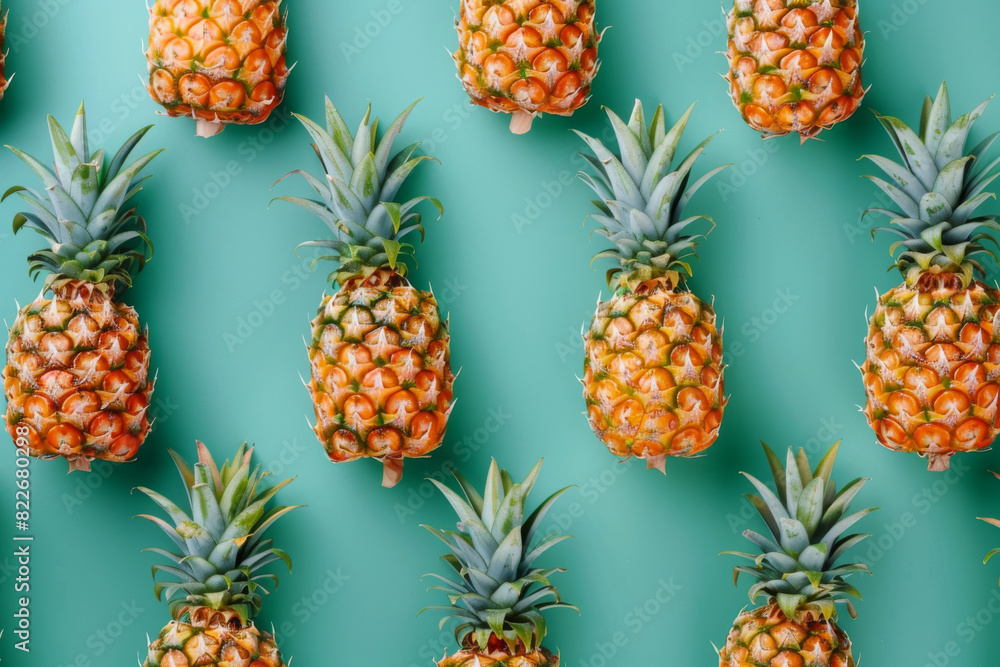 Vibrant pattern of ripe pineapples arranged neatly on an aqua-colored background, perfect for health and tropical themes Vibrant pattern of ripe pineapples arranged neatly on an aqua-colored background, perfect for health and tropical themes