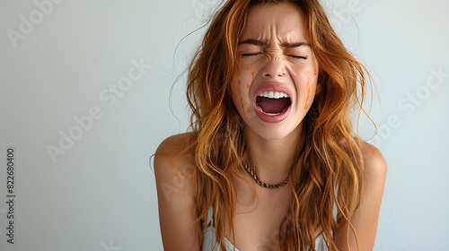 Woman screaming in despair because she feels frustration, anger or sadness	 photo