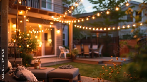 An inviting suburban home s patio  adorned with string lights  offers a cozy retreat on a summer evening