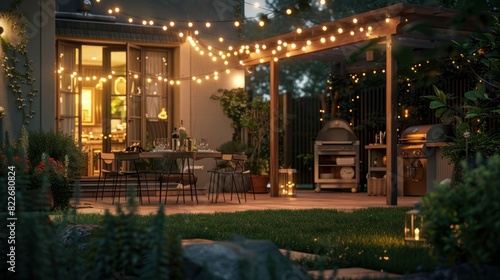 An inviting suburban home's patio, adorned with string lights, offers a cozy retreat on a summer evening © Nicat