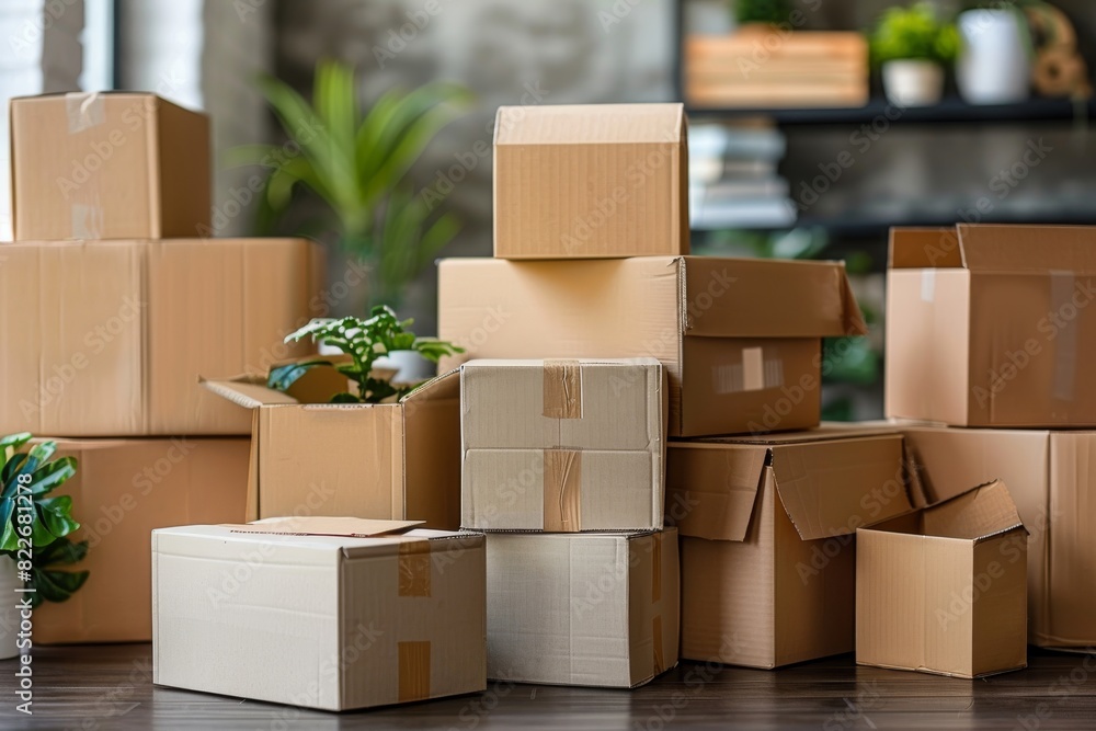 Elegant Sunlit Room with Central Stack of Moving Boxes Elegant Sunlit Room with Central Stack of Moving Boxes