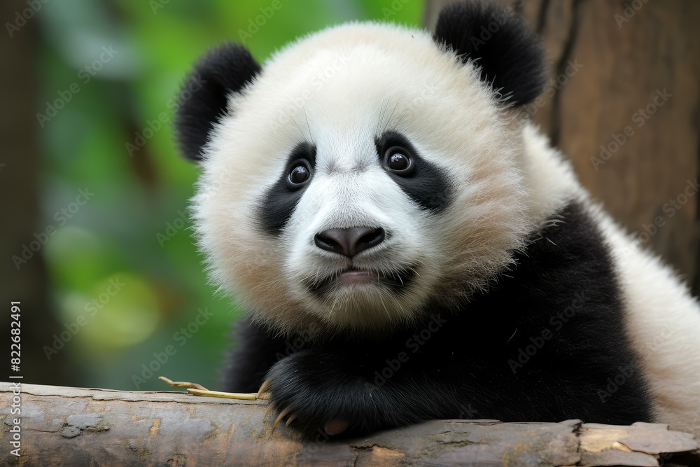 Obraz premium Close-up portrait of an adorable young panda cub in its natural habitat in the serene and tranquil bamboo forest of china, showcasing its expressive eyes and fluffy fur