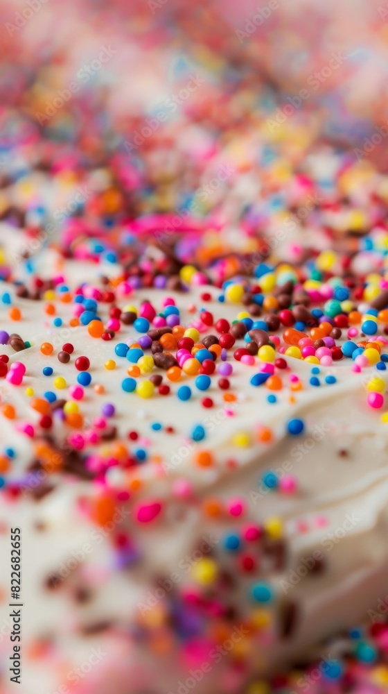 A piece of bright birthday cake on a background. Colorful Sprinkles Decorating a Delicious Frosting Covered Cake on a Stand. A piece of bright birthday cake on a background. Colorful Sprinkles Decorating a Delicious Frosting Covered Cake on a Stand.