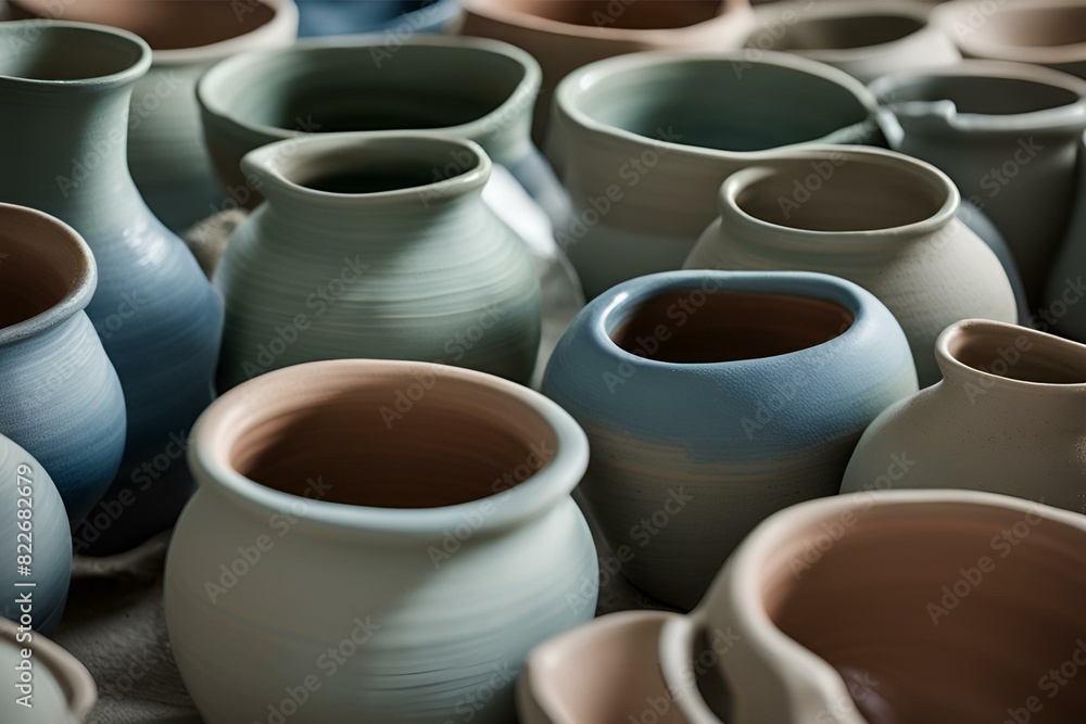 Handcrafted ceramic pottery collection, assorted vases and vessels, minimalist design, earthy tones, artisanal craftsmanship, home decor, artistic display Handcrafted ceramic pottery collection, assorted vases and vessels, minimalist design, earthy tones, artisanal craftsmanship, home decor, artistic display