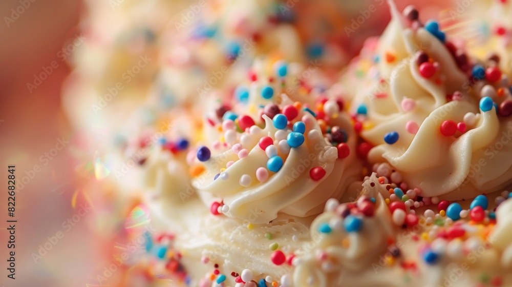 A piece of bright birthday cake on a background. Colorful Sprinkles Decorating a Delicious Frosting Covered Cake on a Stand. A piece of bright birthday cake on a background. Colorful Sprinkles Decorating a Delicious Frosting Covered Cake on a Stand.