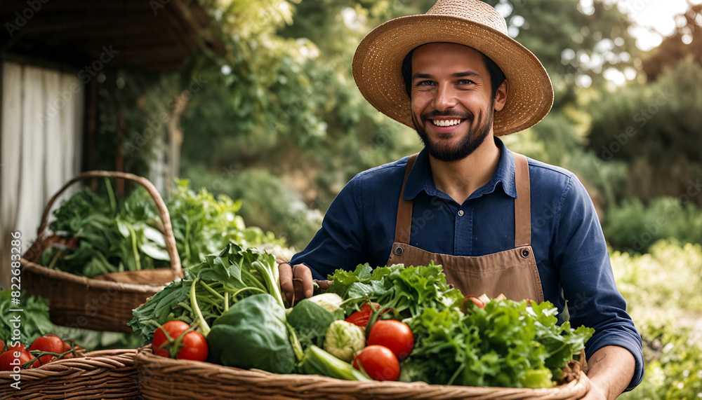 A cheerful man in a straw hat and apron stands by baskets of fresh vegetables in a garden setting. His smile and the abundance of produce convey a sense of satisfaction and natural bounty