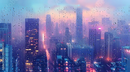 Abstract cityscape background with raindrops on window, night view of urban skyline from high building in rainy weather. City lights and skyscrapers at dusk, blue color theme