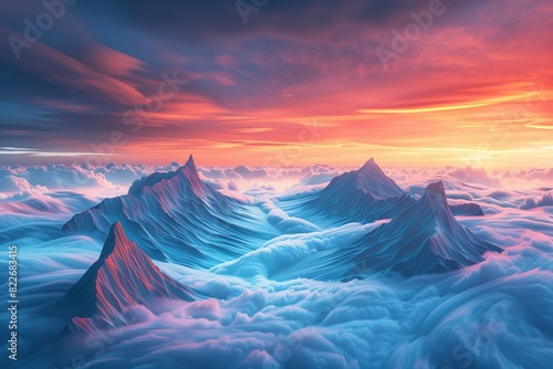 : A surreal landscape with mountains shaped like waves, rising and falling in a sea of clouds colored by a vibrant sunset.