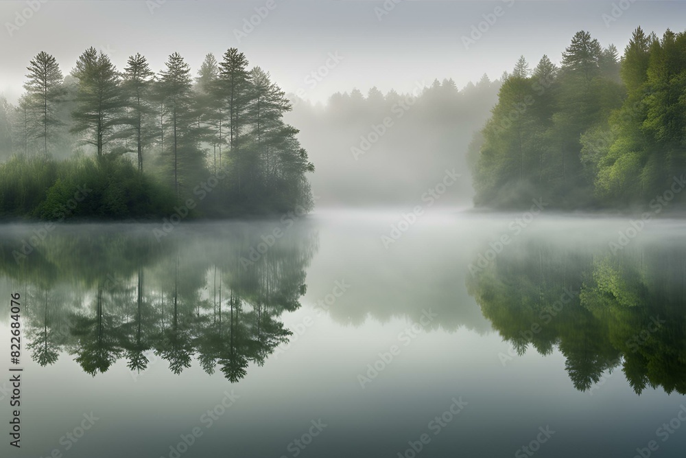 Misty forest reflected in calm lake, serene nature scene, tranquil water, foggy morning, peaceful landscape, lush greenery, scenic view Misty forest reflected in calm lake, serene nature scene, tranquil water, foggy morning, peaceful landscape, lush greenery, scenic view