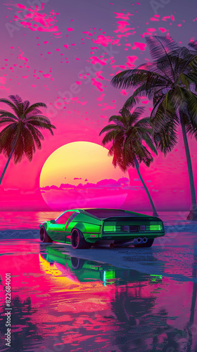 Neon colored retro car by tropical beach with palm trees and vivid purple sunset sky. Retro-futuristic, vaporwave, synthwave. Travel concept. Electronic retro music cover © LiliGraphie