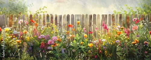 A colorful garden with a wooden fence and a variety of flowers. Scene is cheerful and inviting © Dalibor