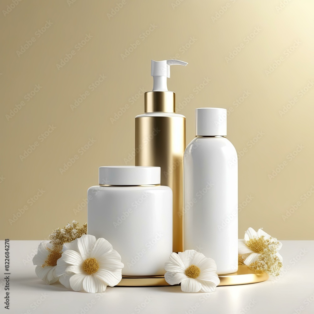 cosmetic dispenser plastic bottle on a gold podium cosmetic dispenser plastic bottle on a gold podium