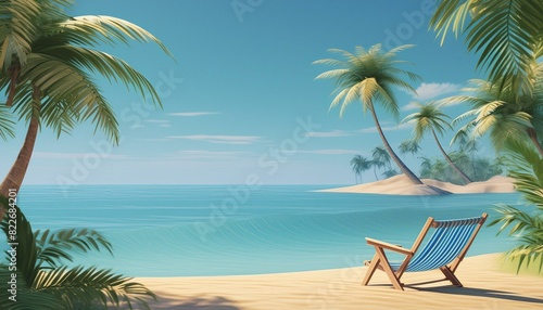 Beach scene with a blue ocean, coconut trees, and empty beach chair. 3D render 