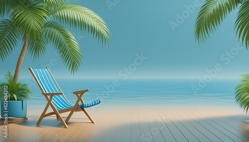 Beach scene with a blue ocean  coconut trees  and empty beach chair. 3D render 