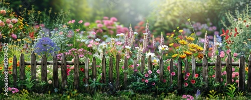 A colorful garden with a wooden fence and a variety of flowers. Scene is cheerful and inviting