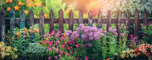 A colorful garden with a wooden fence and a variety of flowers. Scene is cheerful and inviting