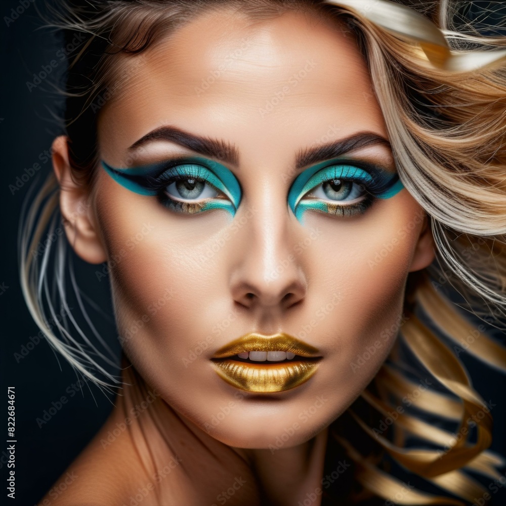 A woman with green eyes and green makeup. She is looking at the camera. The photo is in black and white A woman with green eyes and green makeup. She is looking at the camera. The photo is in black and white