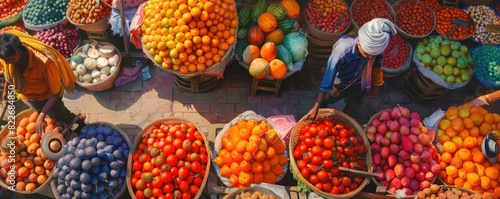 A market with a variety of fruits and vegetables. Scene is lively and colorful