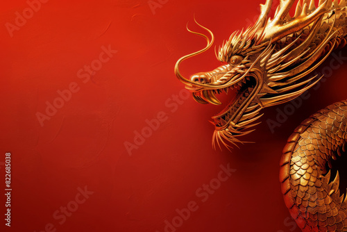 Majestic golden chinese dragon sculpture in profile against a deep red background, symbolizing power and good fortune in asian culture