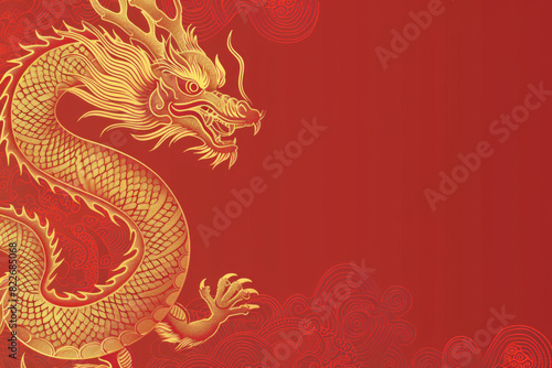 Intricately designed golden chinese dragon motif set against a vibrant red background with traditional cloud patterns