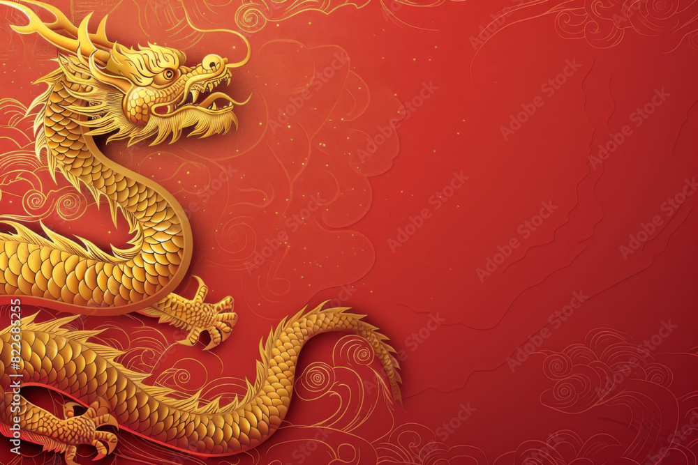 Obraz premium Traditional chinese golden dragon on a vibrant red textured background, symbolizing power, strength, and good luck in chinese culture