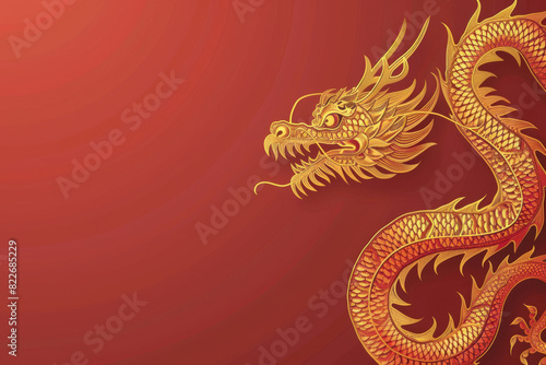Intricately designed golden dragon illustration against a rich red backdrop, symbolizing power and good fortune in chinese culture