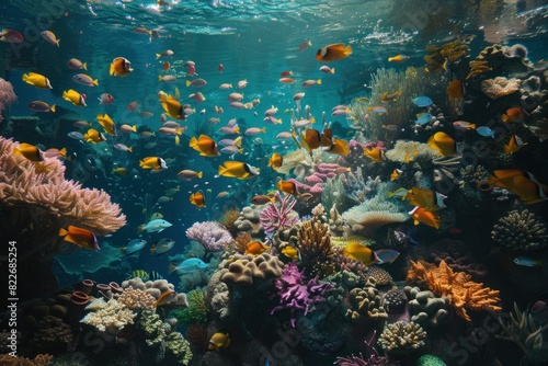 A colorful coral reef with a variety of fish swimming around. The fish are orange and yellow, and the water is clear and blue. The scene is peaceful and serene, with the sun shining down on the reef