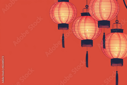 Elegant chinese paper lanterns hanging with warm light against a vibrant red backdrop, symbolizing luck and celebration in asian culture