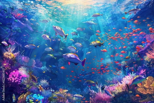 A colorful coral reef with a variety of fish swimming around. The fish are orange and yellow, and the water is clear and blue. The scene is peaceful and serene, with the sun shining down on the reef