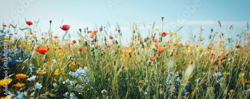 A field of flowers with a blue sky in the background. The flowers are of various colors and sizes, and they are scattered throughout the field. Concept of peace and tranquility, as the flowers