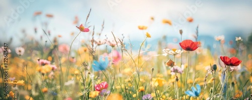 A field of flowers with a blue sky in the background. The flowers are of various colors and sizes, and they are scattered throughout the field. Concept of peace and tranquility, as the flowers