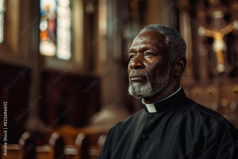 Naklejka premium A thoughtful african-american priest in clerical attire reflecting solemnly inside a serene, ornately decorated church setting, embodying spirituality and faith