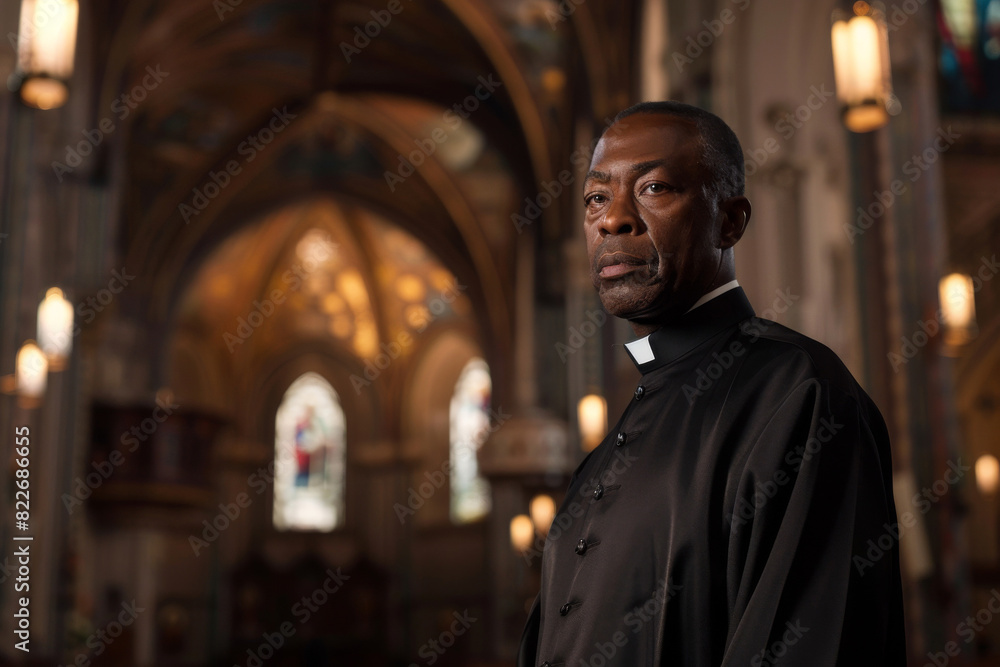Naklejka premium Serene portrait of a priest inside a church, depicting quiet reflection and spiritual dedication in a sacred space