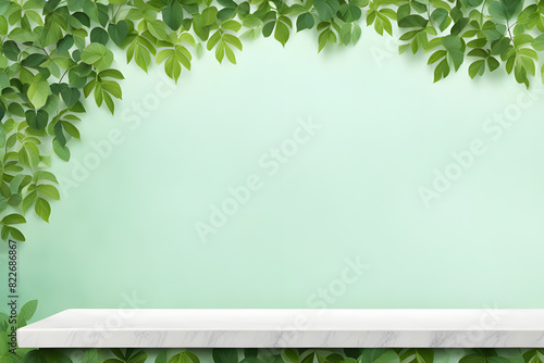 High quality white grey marble texture display podium product placement with blurred nature realistic forest summer green sun leaves background 3d mock-up