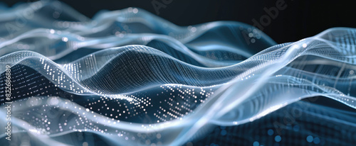 Nano fabric on black background, abstract waves of futuristic light material, iridescent cloth with data in future. Theme of science, tech, ai technology, nanotechnology