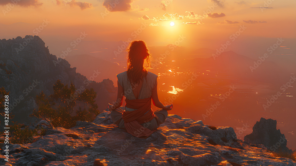 Obraz premium Young girl meditating on a mountain at sunset
