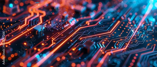 Close up of circuit board, high tech background, neon lights, bokeh effect, highly detailed, hyper realistic, colorful, vibrant, blue and orange colors