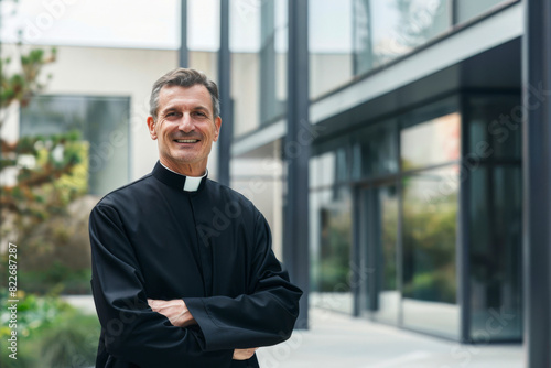 Portrait of a cheerful male priest in clerical clothing, standing confidently outside a contemporary building with a welcoming demeanor