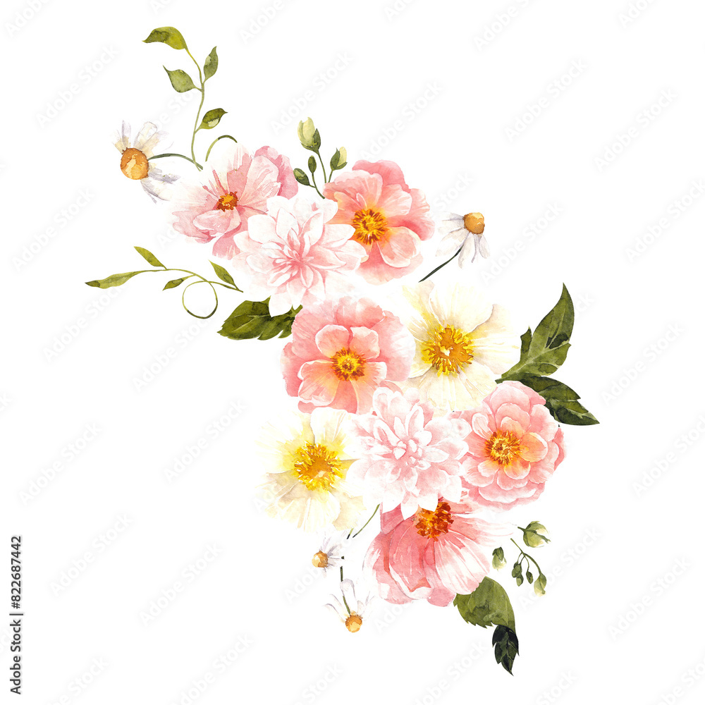 Fototapeta premium Watercolor hand draw bouquet with summer flowers. Garden floral, leaves, isolated on transparent background. PNG files