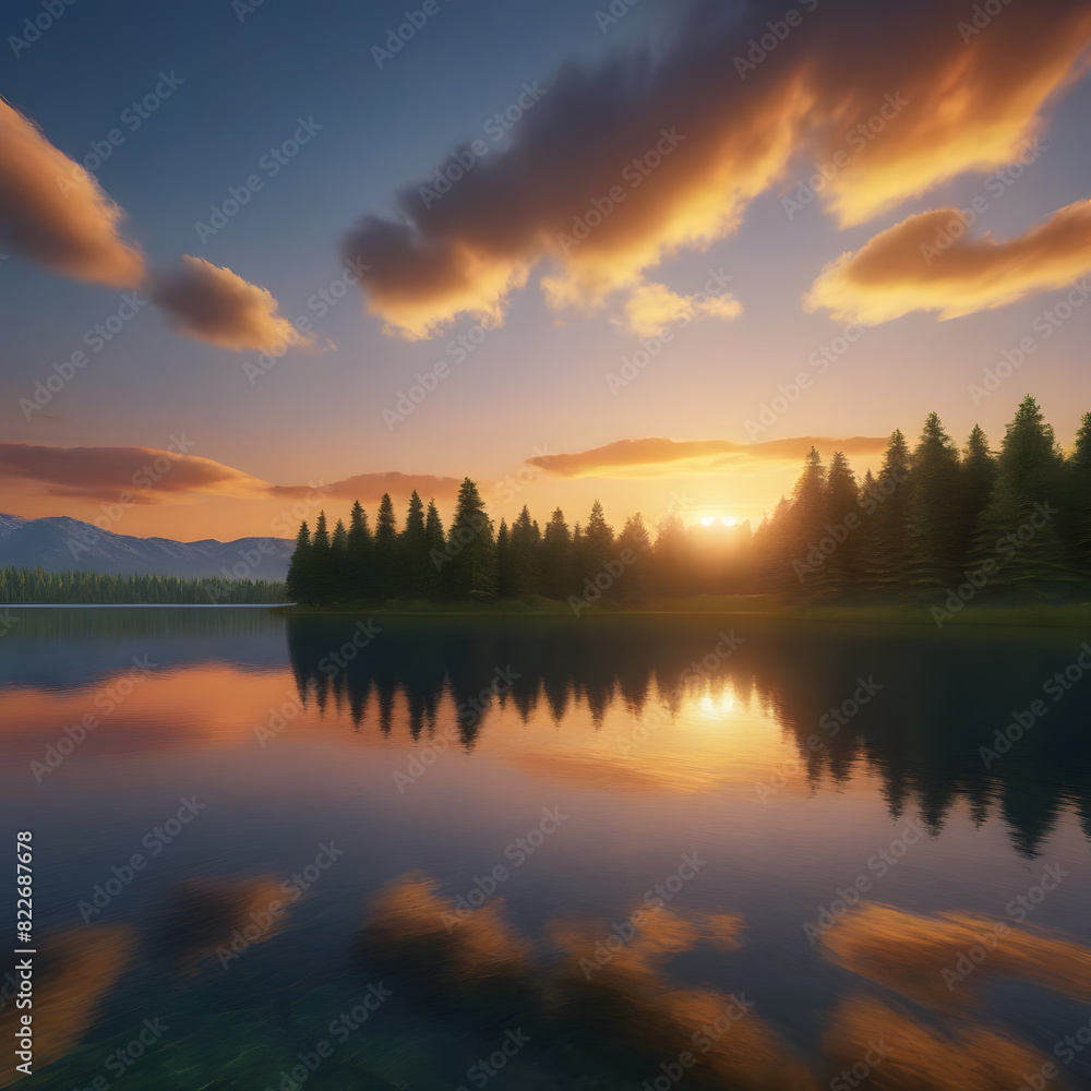 Fototapeta premium Misty mountain landscape with golden autumn trees reflecting on calm lake serene nature scene