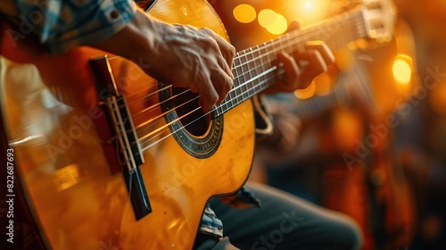 Close-up of a person playing an acoustic guitar in a warm, ambient setting with glowing lights, capturing the essence of music and creativity. photo