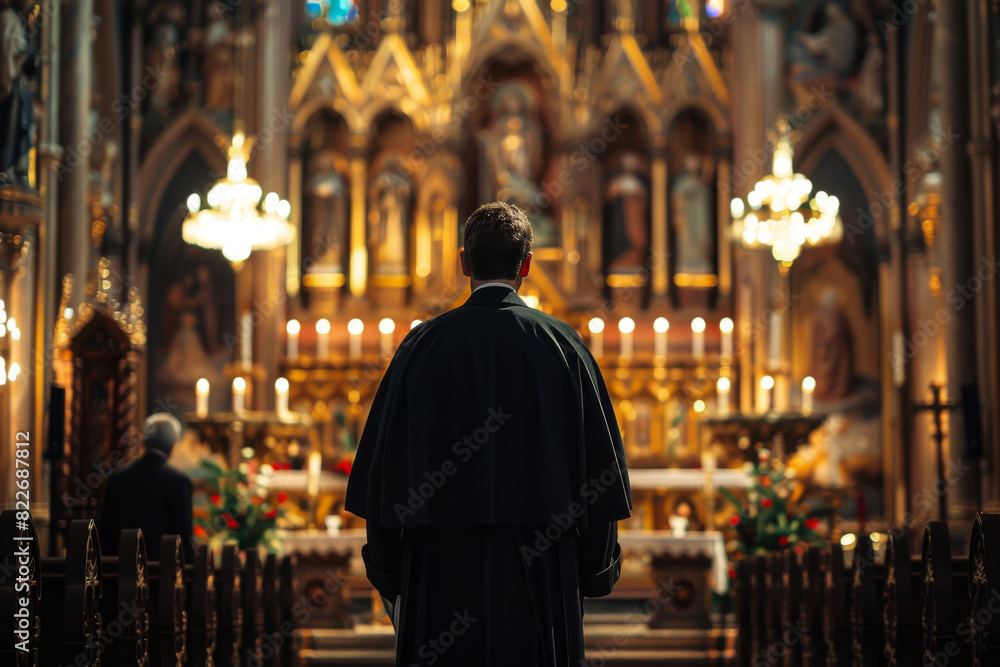 Man in ecclesiastical attire observes a moment of silent prayer in the ornate, glowing interior of a traditional cathedral Man in ecclesiastical attire observes a moment of silent prayer in the ornate, glowing interior of a traditional cathedral