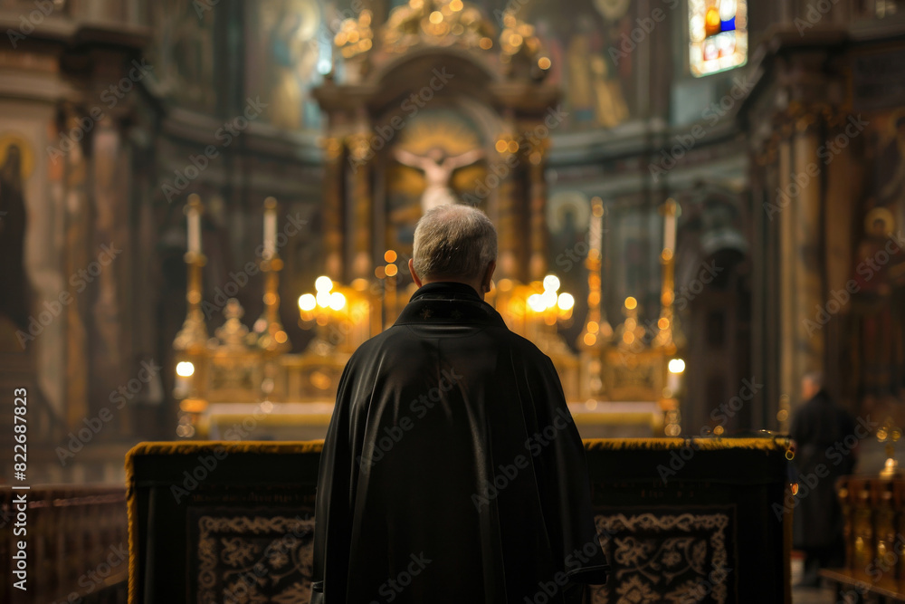 Solitary man stands in contemplative prayer inside a grand cathedral, surrounded by the golden glow of candlelight and religious art Solitary man stands in contemplative prayer inside a grand cathedral, surrounded by the golden glow of candlelight and religious art