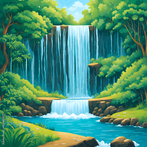 Cartoon waterfall river forest landscape illustration template children book coloring kid background travel adventure hiking