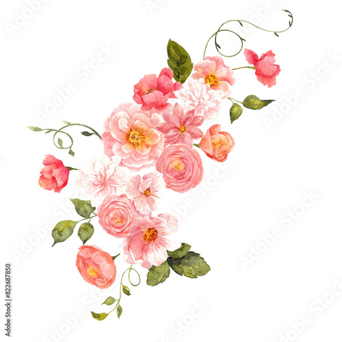Watercolor hand draw bouquet with summer flowers. Garden floral  leaves  isolated on transparent background. PNG files