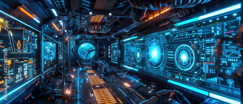 Inside futuristic spaceship cockpit  modern cabin with screens and dashboard  interior of AI control room. Theme of scifi  space station  planet 