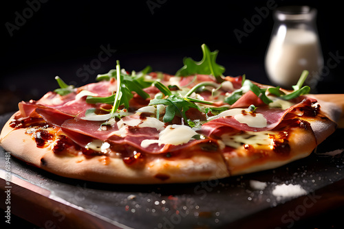 Pizza napoletana with green arugula, parma, prosciutto, parmigiano reggiano cheese, mozzarella, fresh from owen, italian cuisine, fast food, world most popular