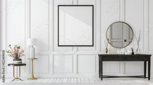 Black poster frame on a white paneled wall in a hallway, accented with a slim console table and decorative mirror. photo